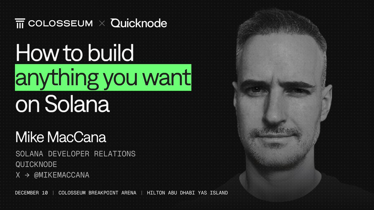 Colosseum Breakpoint ArenaでのSolana上で何でも作るためのMike MacCanaのセッションのプロモーション画像