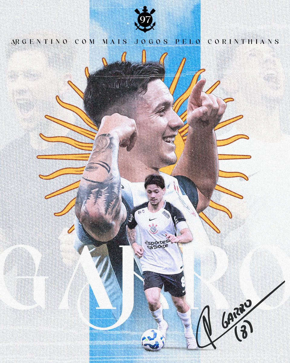 Corinthians's tweet image. Na partida de ontem, Rodrigo Garro atingiu 97 partidas pelo Timão e se tornou o argentino que mais vezes vestiu a camisa do Corinthians na história. 8️⃣🇦🇷

#VaiCorinthians