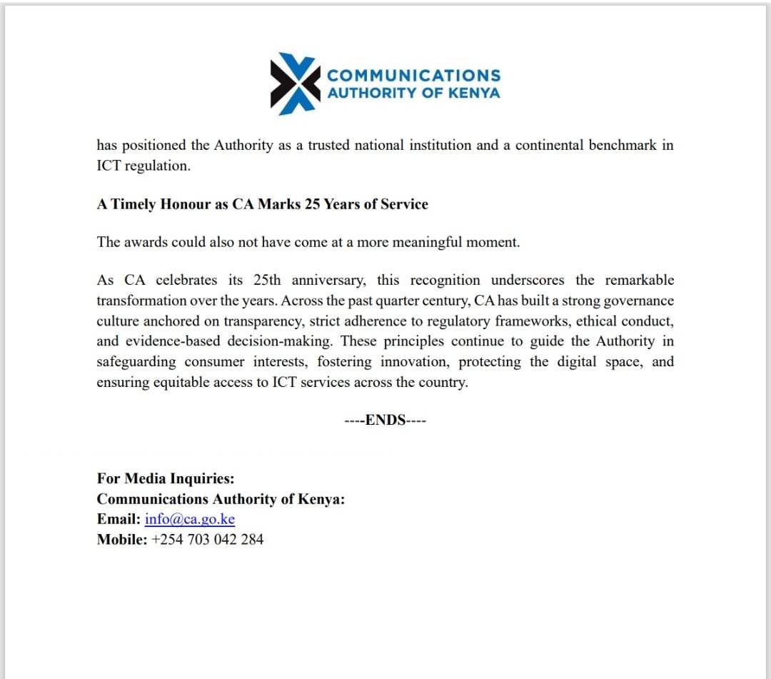 CA_Kenya's tweet image. A big win for CA! 🏆
We’ve been awarded the Champion of Governance Award 2025 and the State Corporations Award 2025 at the CoG Awards.This recognition comes as we mark 25 years of service to Kenyans.
#COGAwards2025 #GoodGovernance #EthicalLeadership #CAAt25