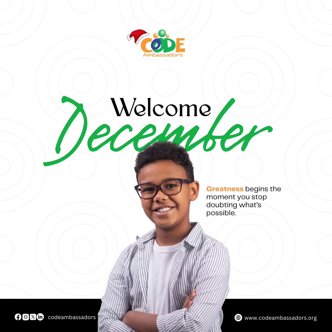 codeambassadors's tweet image. As the year slowly wraps up, December reminds us that there’s still room to grow, to learn, and to choose what’s possible.

Happy New Month🎉
.
.
.
#Newmonth #December #Kidintech #CodeAmbassadors #EdTech #Tech