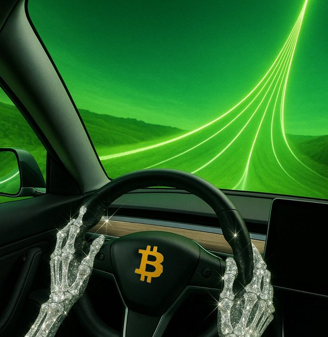 ハンドルを握る骸骨の手による強気のビットコインミーム