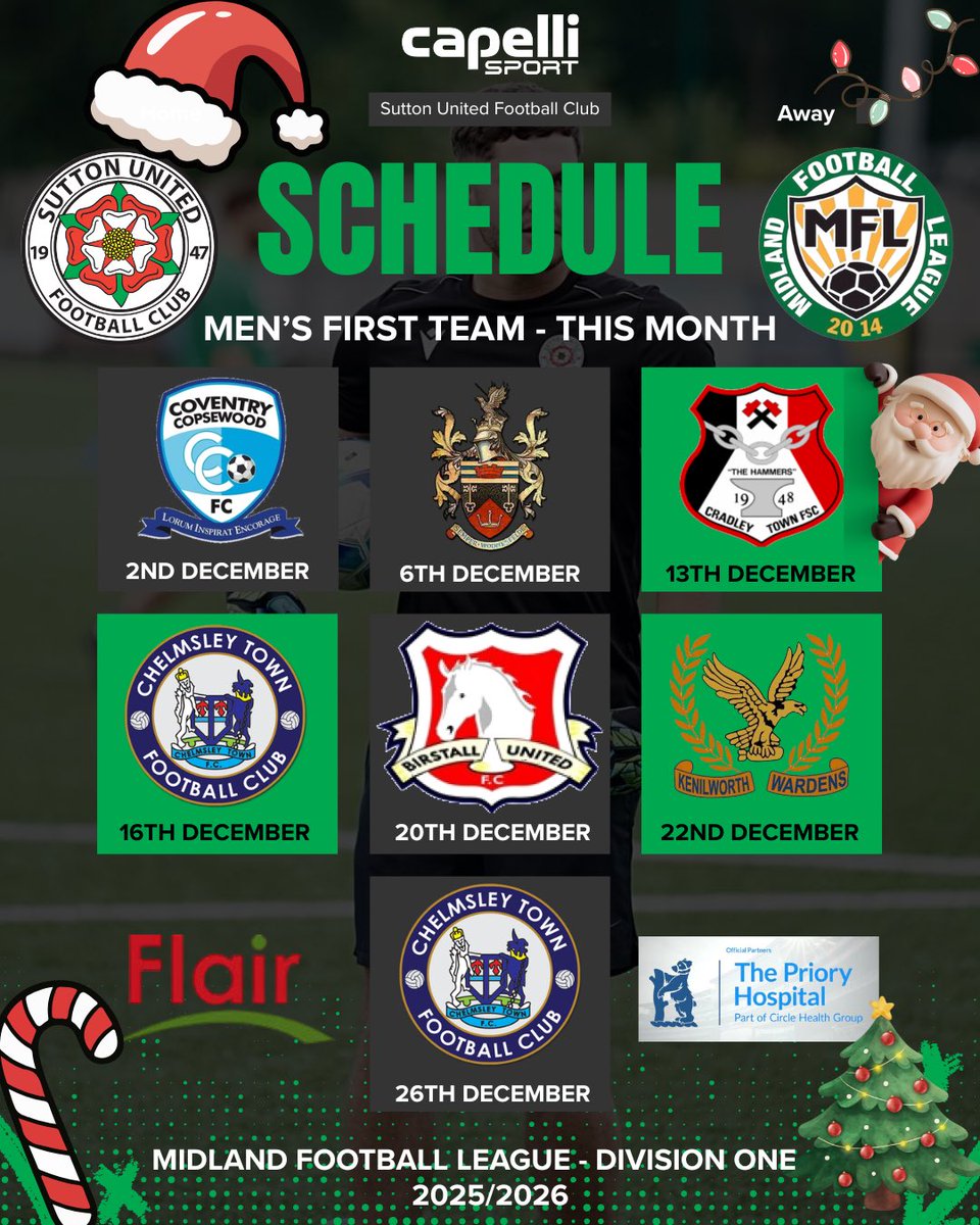 SuttonUtdFC's tweet photo. ๐
Menโs First Team โ December Fixtures
Seven matches. Festive chaos. Weโre ready. ๐ช
๐ 3 at the Fortress
๐ 4 away days
Bring the noise and back the lads! ๐
#SuttonUnited #MensFirstTeam #DecemberFixtures @MidlandLeague https://t.co/6FLP9To7bk