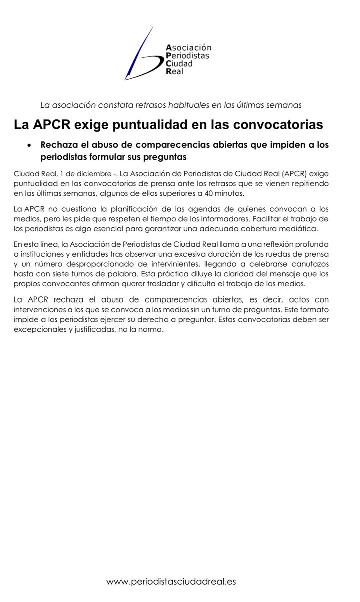 La APCR pide puntualidad en las convocatorias y rechaza el abuso de comparecencias abiertas que impiden a los #periodistas preguntar 
👇 Nuestro comunicado