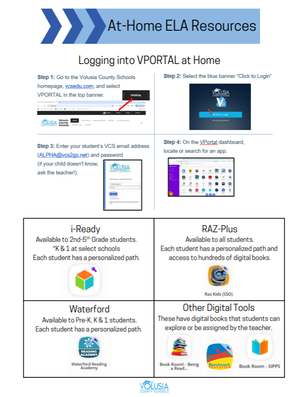 Parents, we’ve uploaded step-by-step instructions for logging into VPortal so your child can access their ELA resources from home.

Please check out the guide to help your student get connected and ready to learn!