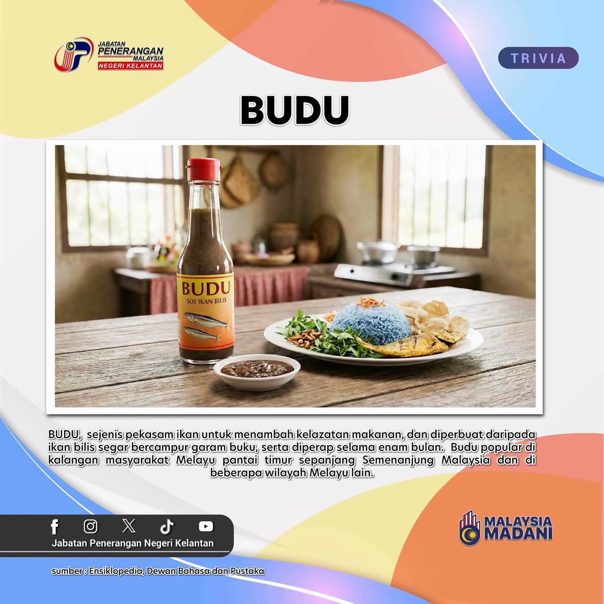 JapenKelantan's tweet photo. Budu: Rasa Tradisi Pantai Timur

Budu bukan sekadar makanan tradisi dari Pantai Timur, ia adalah warisan rasa yang menyatukan generasi. Diperbuat daripada ikan bilis yang diperam, budu kaya dengan nutrisi dan menjadi pelengkap hidangan seperti ulam dan nasi putih.

#JAPENKelantan https://t.co/7et2grAbCk