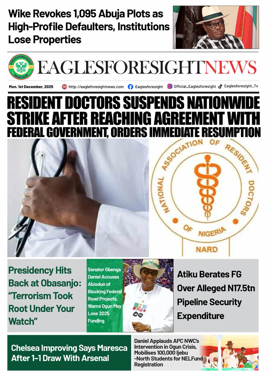 eaglesforesight's tweet photo. Today on the Eaglesforesight Front Page — Monday, 1st of December 
Visit our website https://t.co/IaezWZzAgr for the full story and detailed coverage.

Stay connected with Eaglesforesight on social media: Fb, Instagram, YouTube

For Advert call - 08160067187 #eaglesforesight https://t.co/atsABrZ8tU