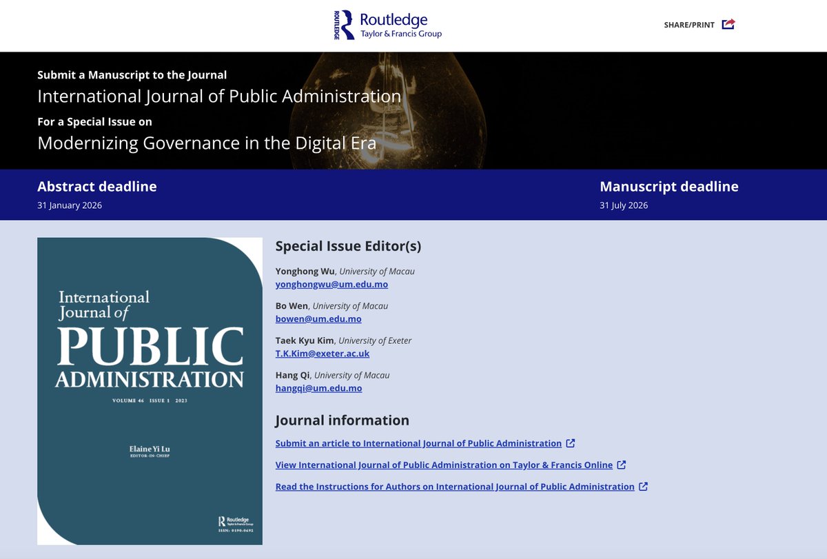 📢 IJPA Special Issue: Modernizing Governance in the Digital Era
📨Send proposal abstracts to hangqi@um.edu.mo
⏰ Proposal abstracts due: January 31, 2026
👥 Guest Editors:
Yonghong Wu, Bo Wen, <a href="/TaekKyuKim/">Taek Kyu Kim</a> &amp; <a href="/Sailing_HQ1123/">Hang Qi</a>
🔗 More info: think.taylorandfrancis.com/special_issues…..