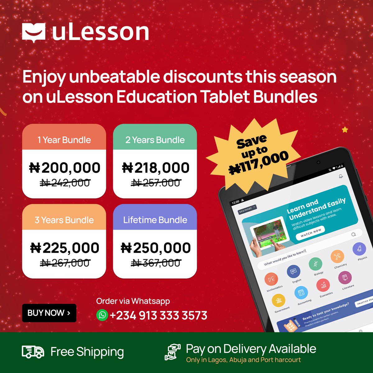 ulessonapp's tweet image. Get the uLesson Education Tablet Bundles at massive holiday discounts and help your child learn faster, understand better, and boost their grades.

Bundles start at ₦200,000 only.

Order now before prices go back up!

Enjoy:
📦 Free Shipping
🚚 Pay on Delivery (Lagos, Abuja, PH)…