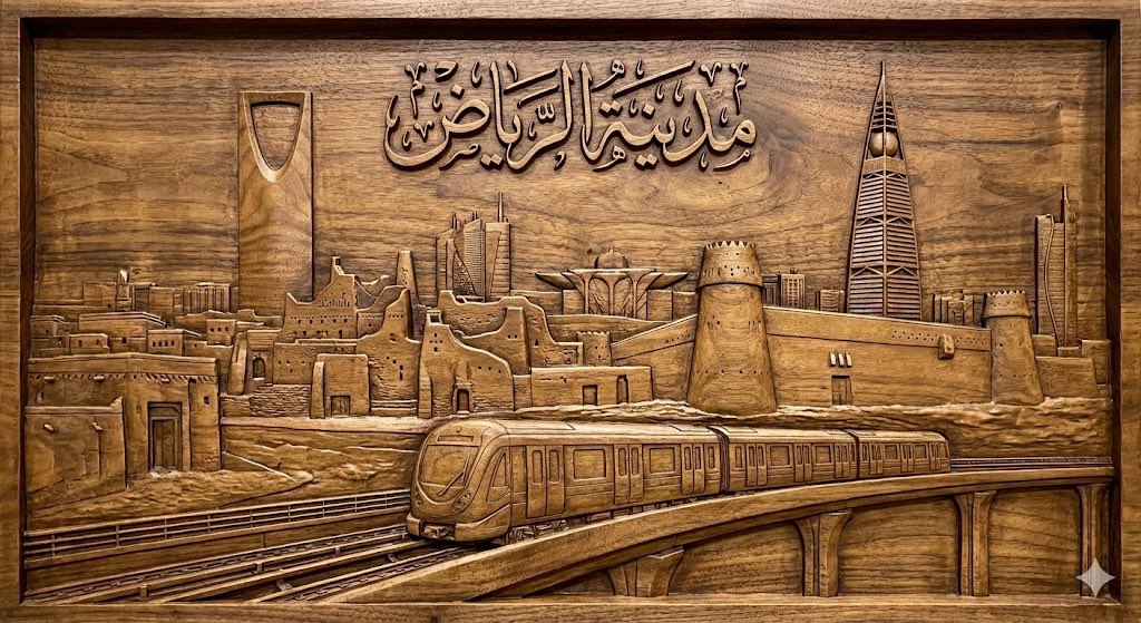 bkartistSA's tweet photo. لوحة جميلة لمدينة الرياض🧡✨
مين يقدر يجمع معالم مدينته ؟ 
باسوي لايك ورتويت لاجمل الاعمال

اكتب بنانو بنانا برو هذا الوصف:

اريد كلمة مدينة الرياض داخل قطعة خشب محفورة وهذه المعالم برج المملكة وبرج الفيصلية والدرعية وقصرالمصمك ومترو الرياض كلها بلوحة واحدة
حفر منخفض (relief carving) بأسلوب فني.