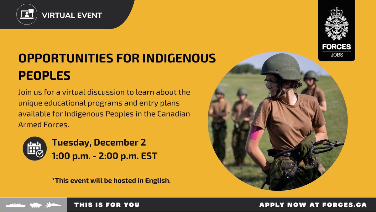 Join us on December 2 for a virtual information session to learn about the unique educational programs and entry plans available for Indigenous Peoples in the Canadian Armed Forces. Register now: forces.ca/en/events/#/re…