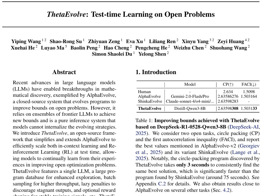 8B model can outperform AlphaEvolve on open optimization problems by scaling compute for inference or test-time RL🚀!

⭕Circle packing:
AlphaEvolve (Gemini-2.0-Flash/Pro)
  : 2.63586276
Ours (DeepSeek-R1-0528-Qwen3-8B)
  : 2.63598308

🔗in🧵
[1/n]