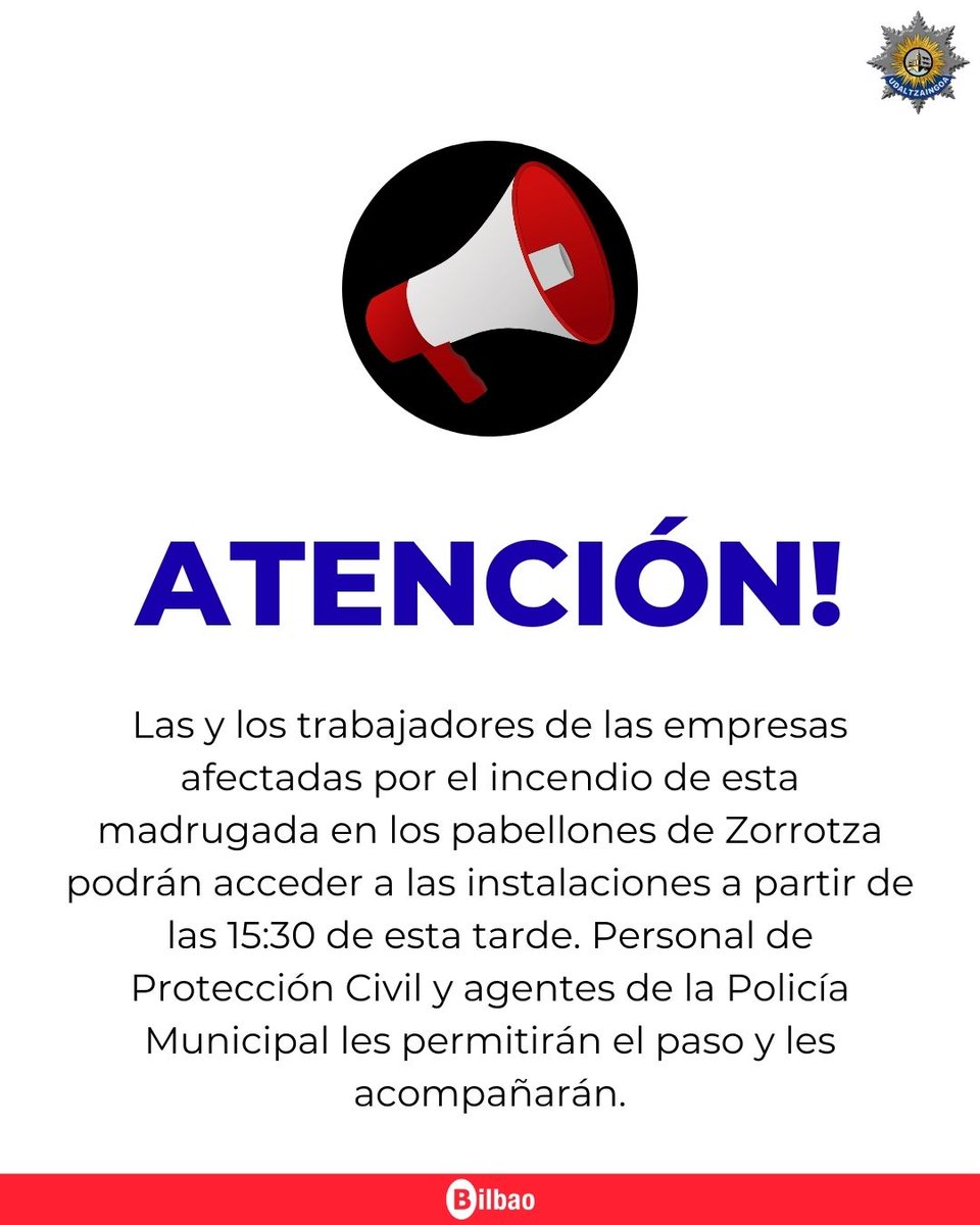 ⚠️ Aviso para trabajadores-as de pabellones en Zorrotza.

Trabajadoras-es de las empresas afectadas por el incendio de esta madrugada en los pabellones de Zorrotza podrán acceder a las instalaciones a partir de las 15:30.

ℹ️ Accederán acompañados-as.

#Bilbao
#Sutea