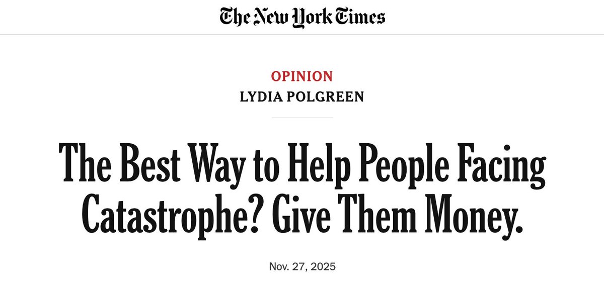 GiveDirectly's tweet image. &quot;I have found myself increasingly convinced that the best way to help people facing catastrophe is to support local organizations working closest to them on the ground — and, whenever possible, give those people money directly.&quot; - @lpolgreen