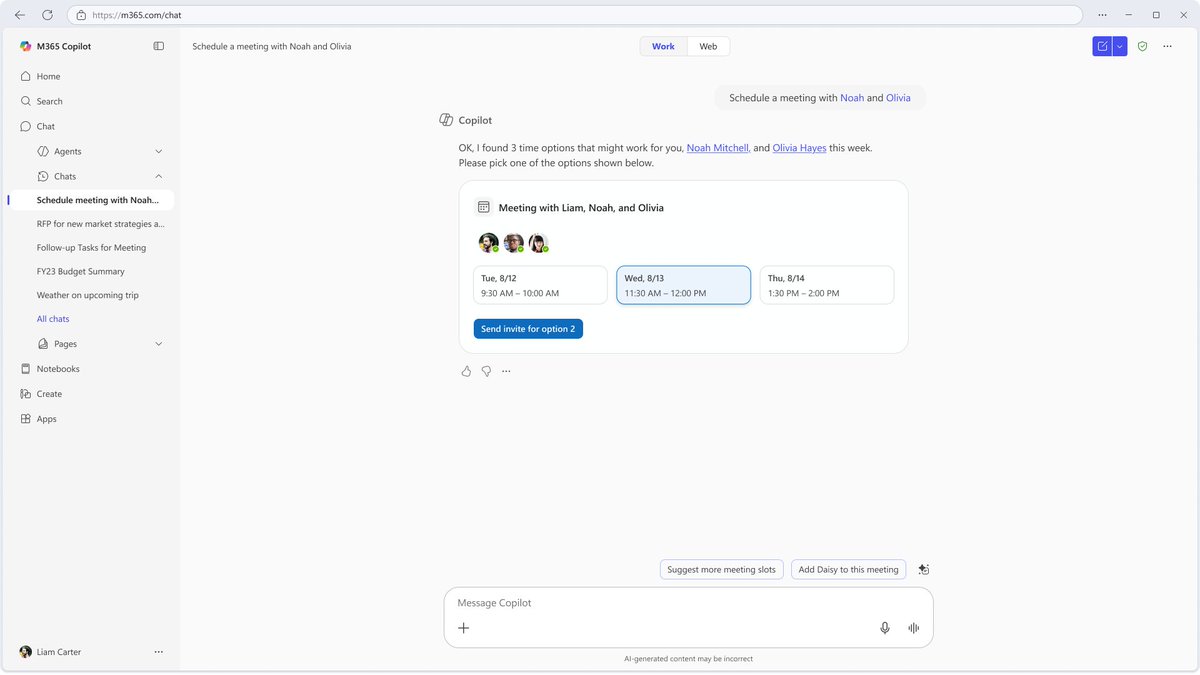 ai_yamasaki's tweet image. 2026年1月末までに Copilot Chat から直接会議のスケジュールができるようになるとのこと。すでにロールアウトは始まっています。

Outlook の情報を参照するので、もちろんMicrosoft 365 Copilot のライセンスを持つユーザーでないと使えない機能です。…