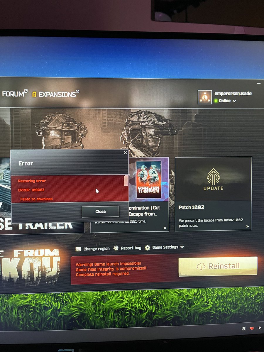 EmperorsCrusade's tweet photo. @tarkov updated to 1.0.0.2 game crashes on startup and errors when trying to repair game integrity. Plz fix asap https://t.co/sk18WIPFGo