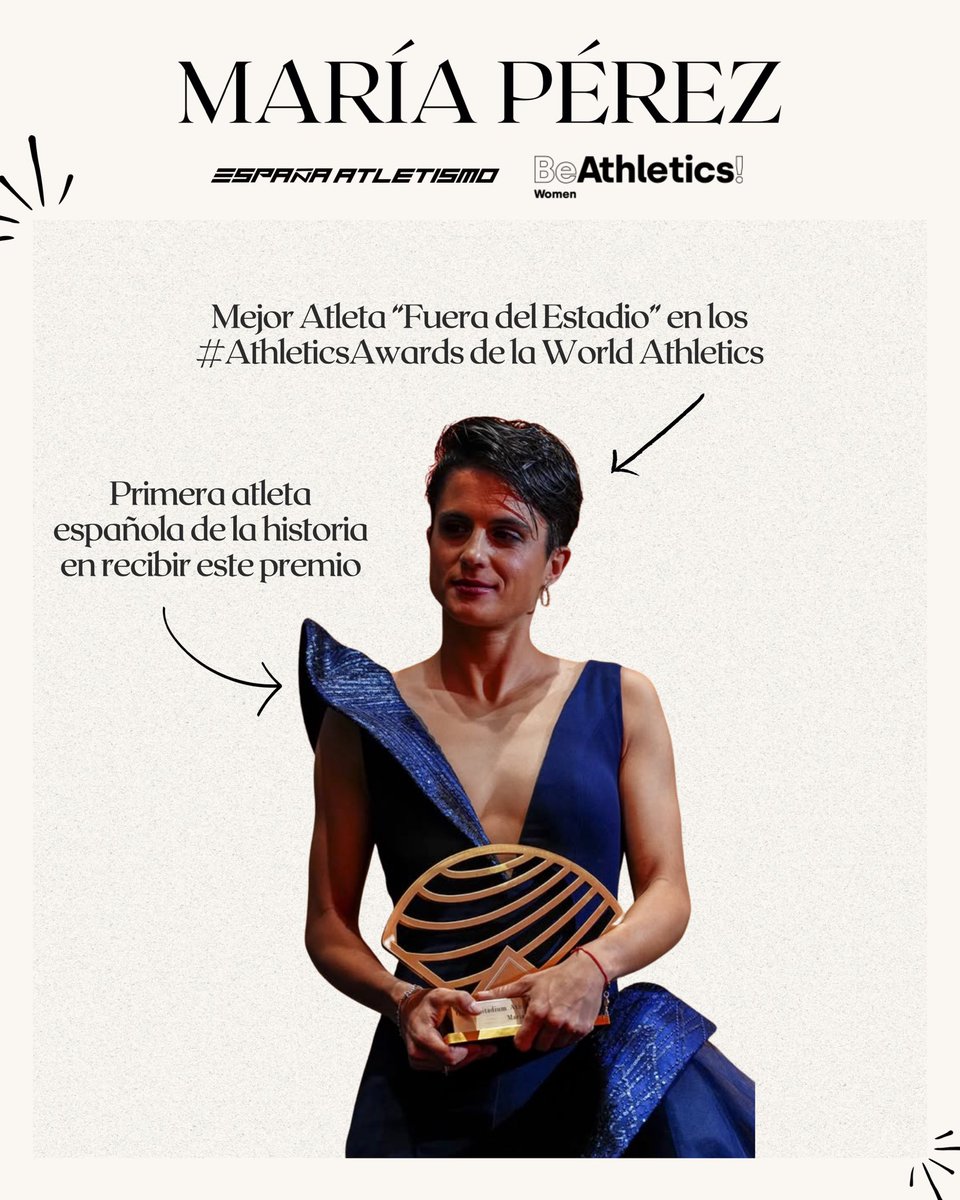 Sigue brillando con luz propia 🥹

<a href="/garciaperezmari/">María Pérez OLY</a> es la Mejor Atleta “Fuera del Estadio” en los #AthleticsAwards de la <a href="/WorldAthletics/">World Athletics</a> 🏆

Se convierte en la primera atleta 🇪🇸 en ganar un premio de tal calibre 🤯

¡Enhorabuena! ✨