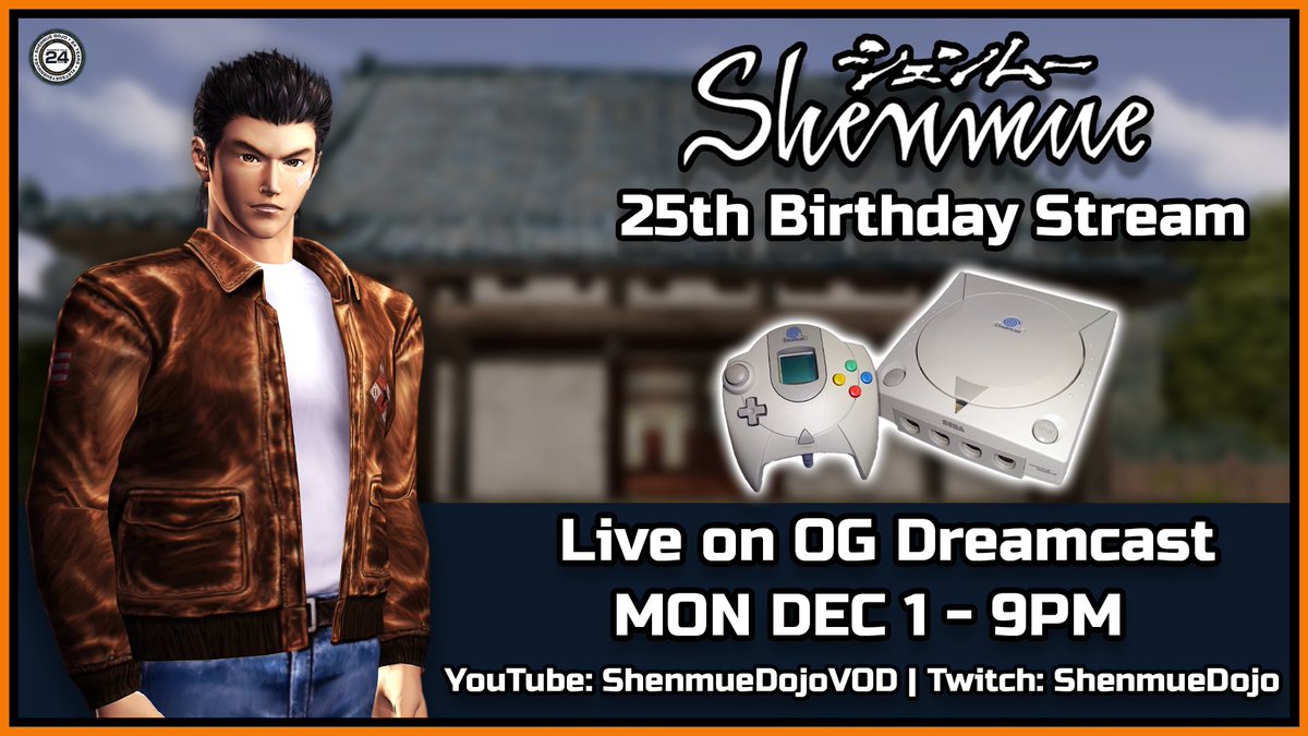 Shenmue_Dojo's tweet photo. TONIGHT!

 James and Matt host a special stream, as we celebrate the 25th anniversary of Shenmue releasing in PAL reigons! 

Streaming on... OG DREAMCAST HARDWARE! 

1st Dec - 9pm GMT 

Youtube - ShenmueDojoVOD Twitch- ShenmueDojo https://t.co/AwtfbPSzPX