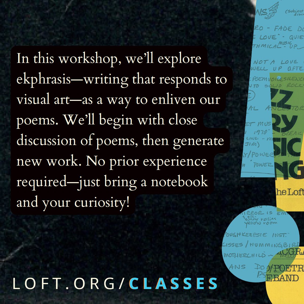 I am so excited to share that I will be teaching a virtual workshop at the @loftliterarycenter this spring! 

I would love to see you there! 

You can register here: loft.org/classes/museum…
