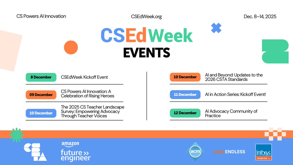 CSEdWeek's tweet image. We&apos;re officially one week away from #CSEdWeek! This year, we&apos;re hosting free virtual events all week to celebrate. 

Use (or create) your @csteachersorg account to register for a webinar! Find CSEdWeek events at csedweek.org/events. #CSPowersAIInnovation