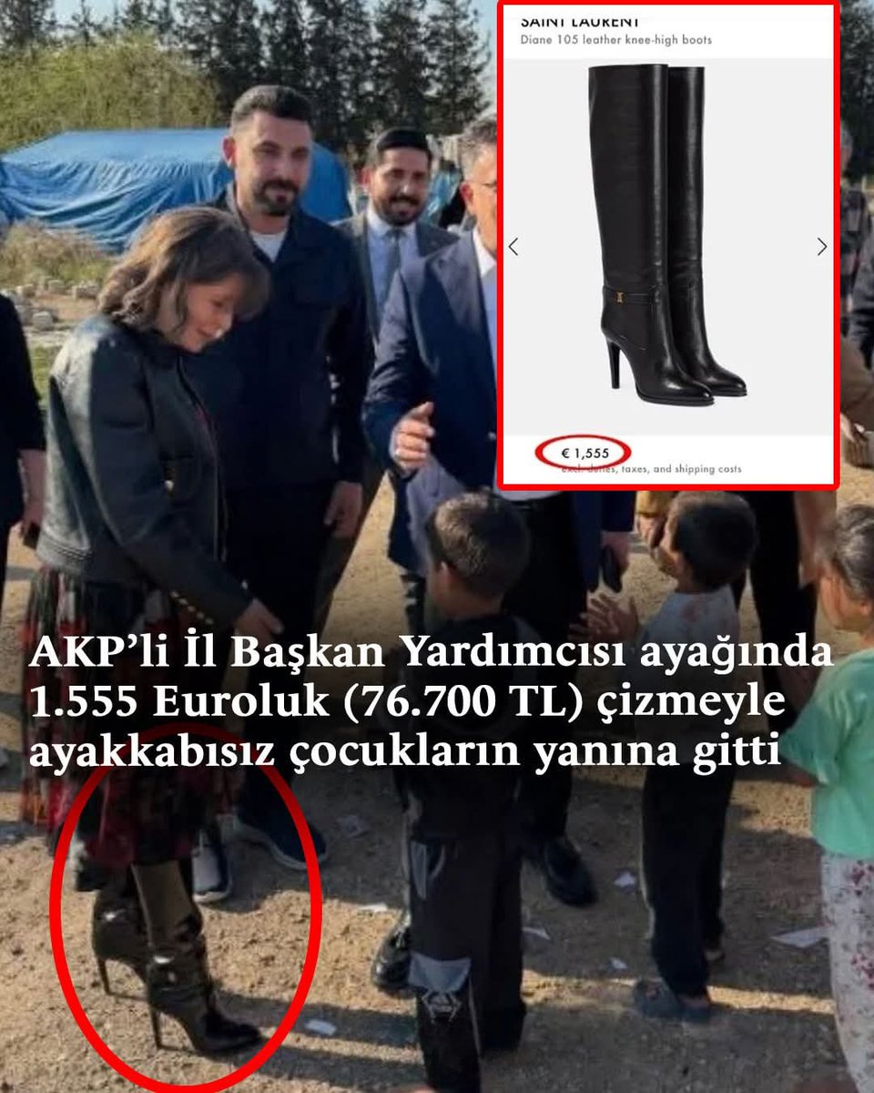 Ayağında 1.555 Euroluk (76.700 TL) çizmeyle fakirlere yardım için giden AKP’li İl Başkan Yardımcısı, ülkemizin geldiği noktayı acı şekilde özetledi.❗👇