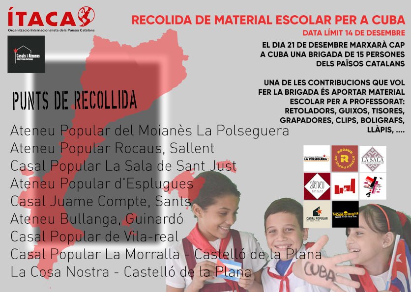 Som punt de recollida de material escolar per a Cuba, al barri. Ho durà una brigada d' <a href="/itacappcc/">Ítaca</a> 
Porteu-ho el 14 de desembre per la tarda, màxim. Moltes gràcies.