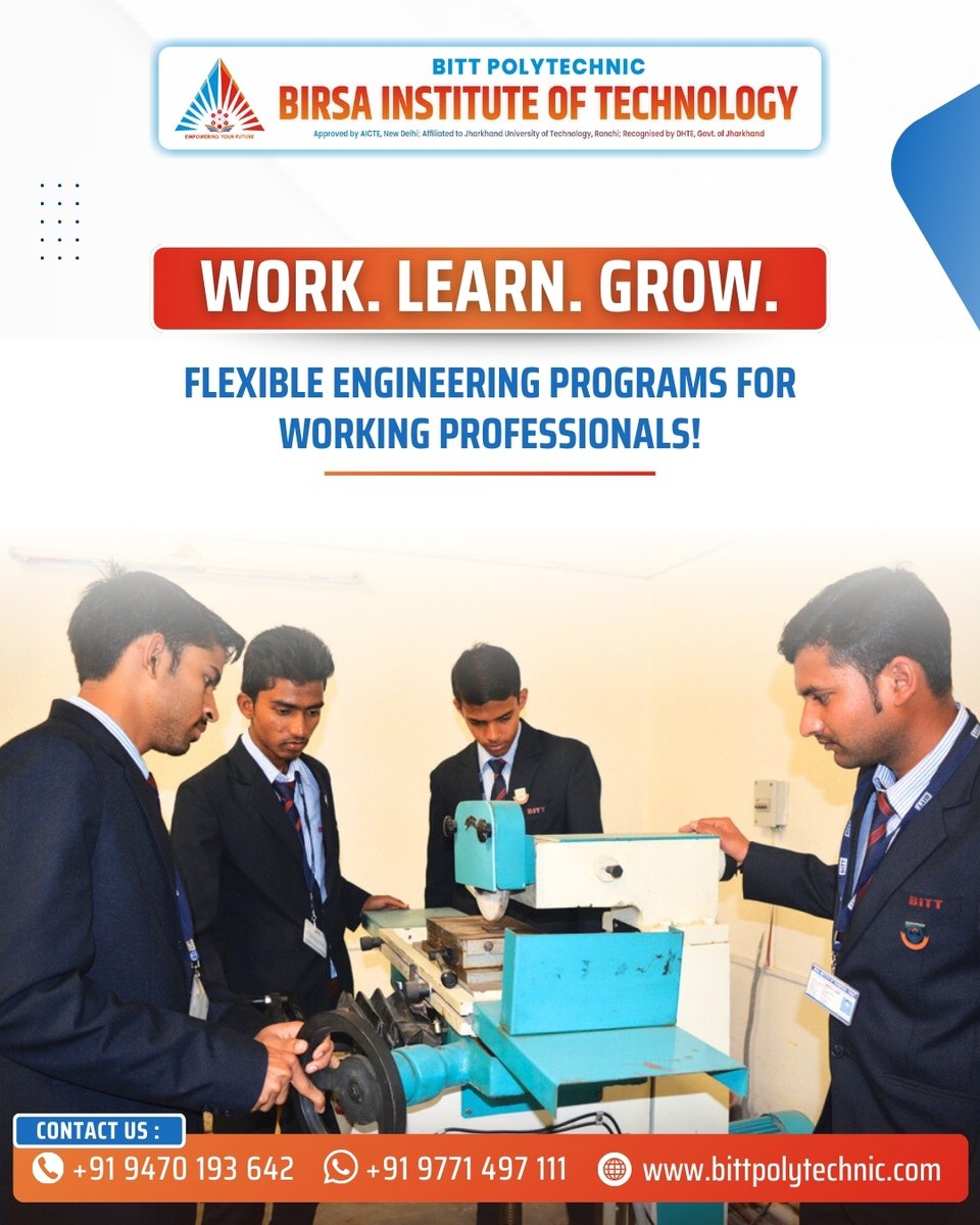 bittpolytechni1's tweet image. BITT offers flexible diploma and engineering courses for working individuals in Civil, Mechanical, and Computer Science.

Admission Open – Apply Now
📧hrbittp@gmail.com
📞+91 9470193642
📲WhatsApp: +91 97714 97111

#WorkingProfessionalsProgram #BITTPolytechnic #UpskillWithBITT