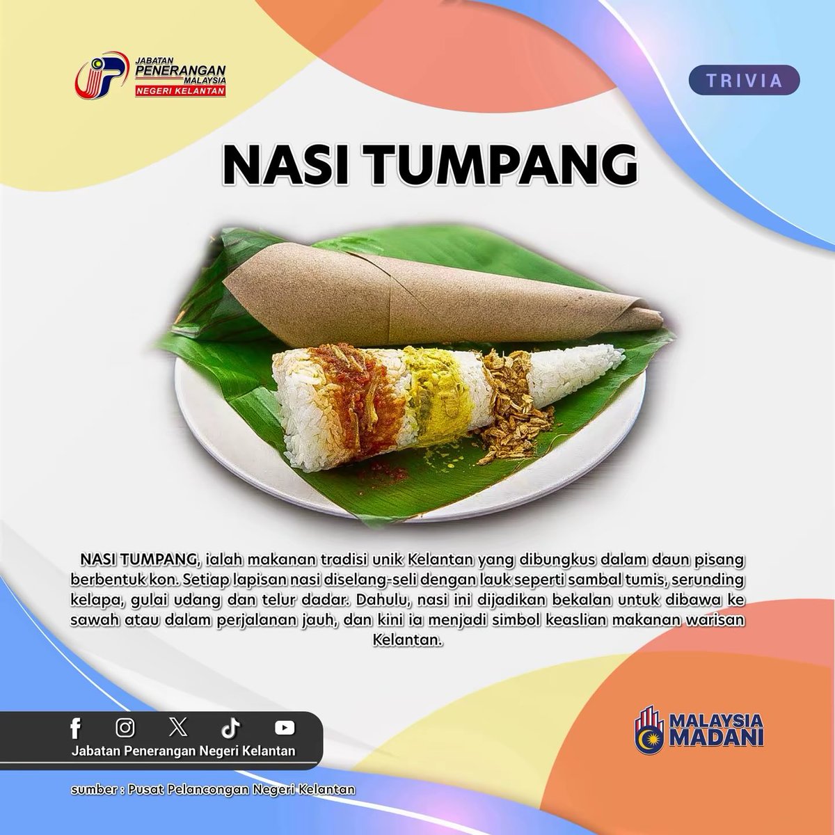 JapenKelantan's tweet photo. Nasi Tumpang: Warisan Dalam Lipatan

Nasi tumpang ialah hidangan tradisi Kelantan yang disusun berlapis-lapis dalam bentuk kon, biasanya berisi serunding, gulai, telur dan nasi panas. https://t.co/FGZgKeXwLF