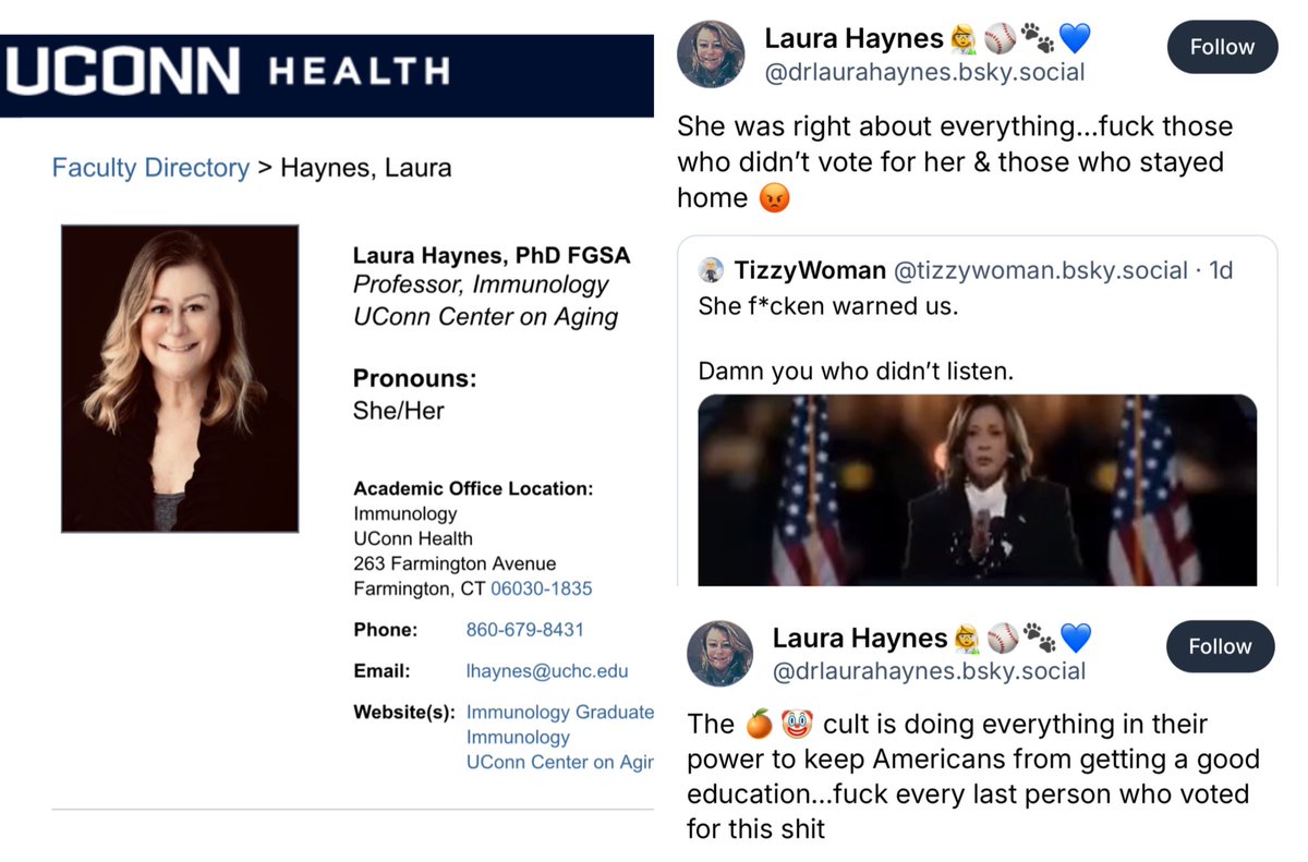 libsoftiktok's tweet image. Meet Laura Haynes, a professor at @UConn. She says “f*** every person” who voted for Trump and didn’t vote for Kamala.

Imagine being a Conservative student in her class…

How can Conservatives ensure they will be treated fairly @UConn??? Any comment??