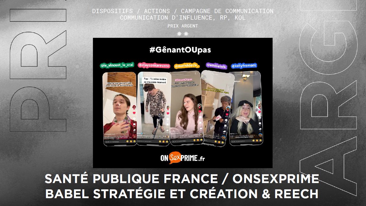 Strategies's tweet photo. GP Stratégies de la Communication Santé 2025 – Dispositifs/actions/campagne de communication – Communication d’influence, RP, KOL: un ARGENT EX AEQUO pour @SantePubliqueFr / #OnSEXprime et les agences #BabelStratégie et #BabelCréation & @Reech_com pour la réalisation « #GênantOUpas ». Félicitations à eux !
#gpstrat #Santé