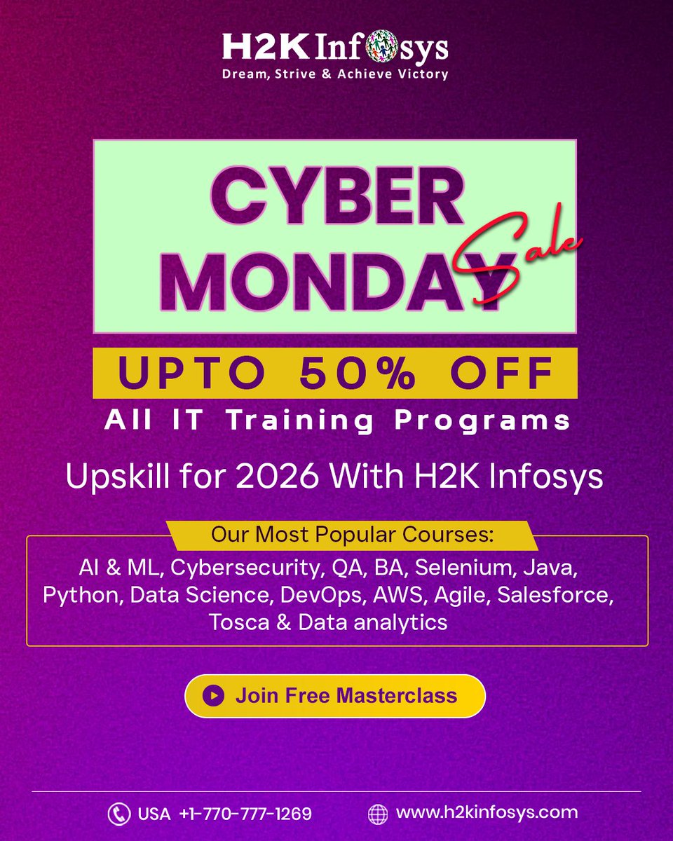 h2kinfosys's tweet image. Cyber Monday Exclusive: 50% OFF All IT Training Programs
💼 Enroll Today — Save 50%
👉 Visit Now: h2kinfosys.com
📞 Call: +1 770-777-1269 | 📧 Email: training@h2kinfosys.com
🔗 Quick Updates: h2kinfosys.com/quick-links/
#CyberMondaySale #CyberMondaySpecial #ITTraining