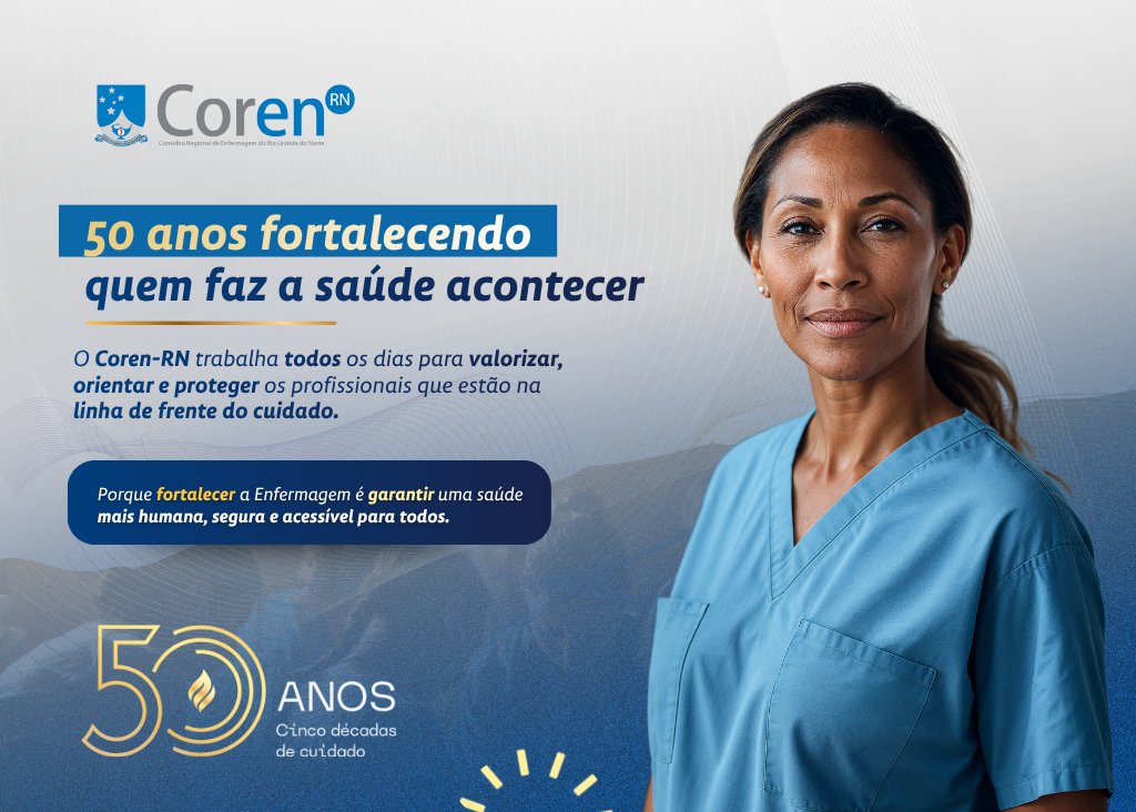 CorenRN's tweet image. Há 50 anos, o Coren-RN atua para fortalecer quem faz essa diferença todos os dias, os profissionais que mantêm a saúde do nosso estado em movimento.
#CorenRN50Anos #EnfermagemPotiguar