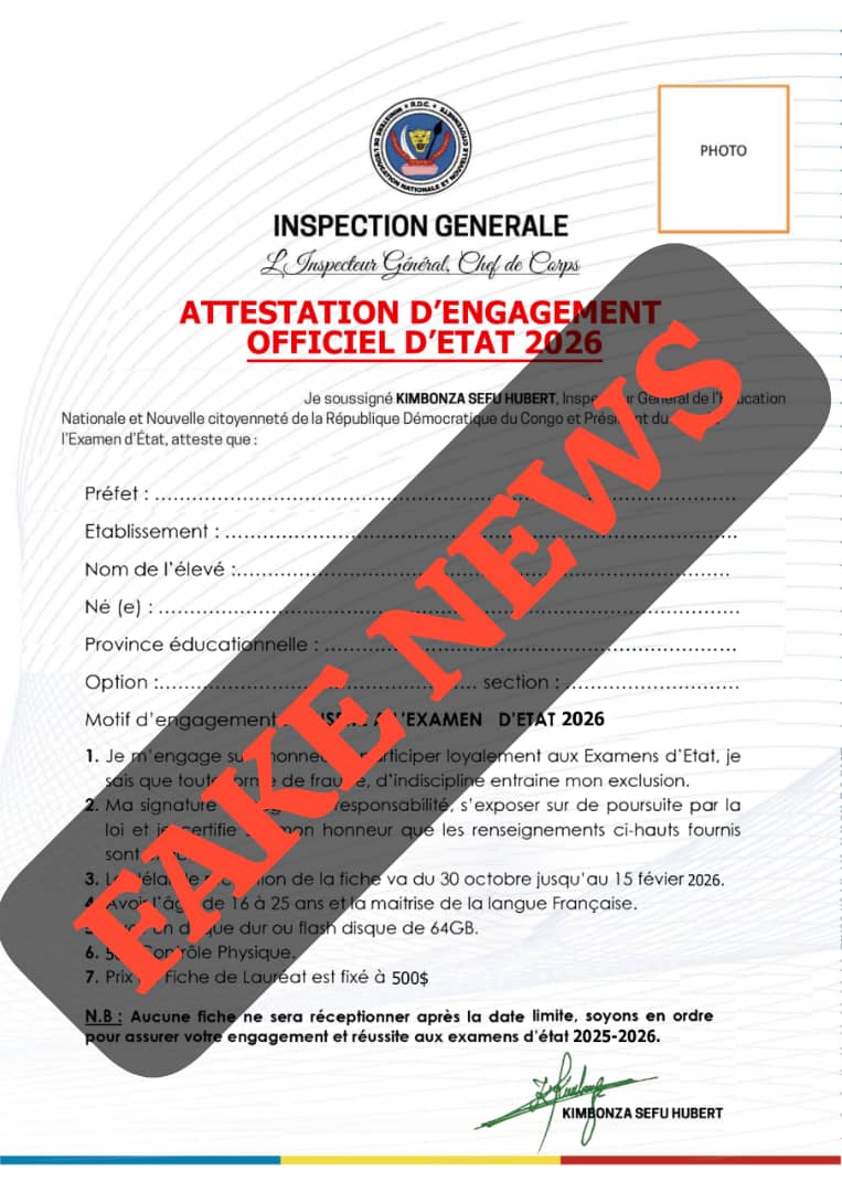 MinisterEDU_NC's tweet photo. 📢 Alerte du MINEDUNC : Faux document en circulation ! ❗📄

Le MINEDUNC condamne fermement la diffusion sur les réseaux sociaux d’une fausse attestation d’engagement officiel liée à l’Examen d’État 2026. 🚫🎓

Nous appelons les élèves, parents et partenaires éducatifs à ne donner aucun crédit à ce document frauduleux. 🔍❌

👉 Merci de signaler et dénoncer les auteurs de ces pratiques qui portent atteinte à la crédibilité du système éducatif.

Pour une information fiable et actualisée, référez-vous uniquement aux plateformes officielles du MINEDUNC. 🌐✔️

#MINEDUNC #Exetat2026 #FakeNews #Vigilance #ÉducationRDC #StopIntox