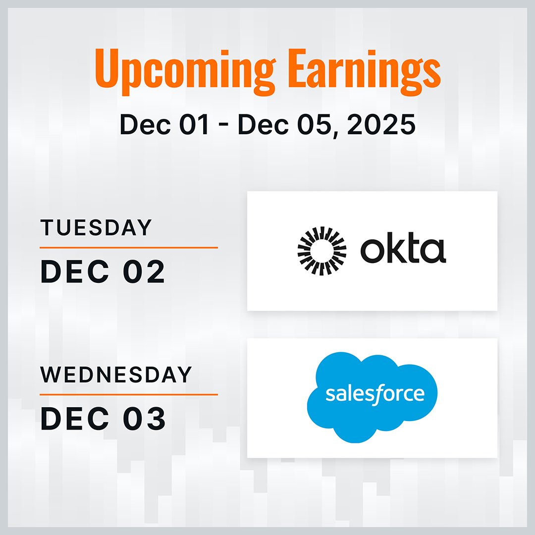 🗓️ Big SaaS week ahead:

- Dec 2: Okta reports, with $730M expected revenue and EPS around $0.75.

- Dec 3: Salesforce posts Q3 numbers, with revenue near $10.26B and EPS around $2.85.

Sources: Bloomberg, Yahoo Finance as of 12/01/2025