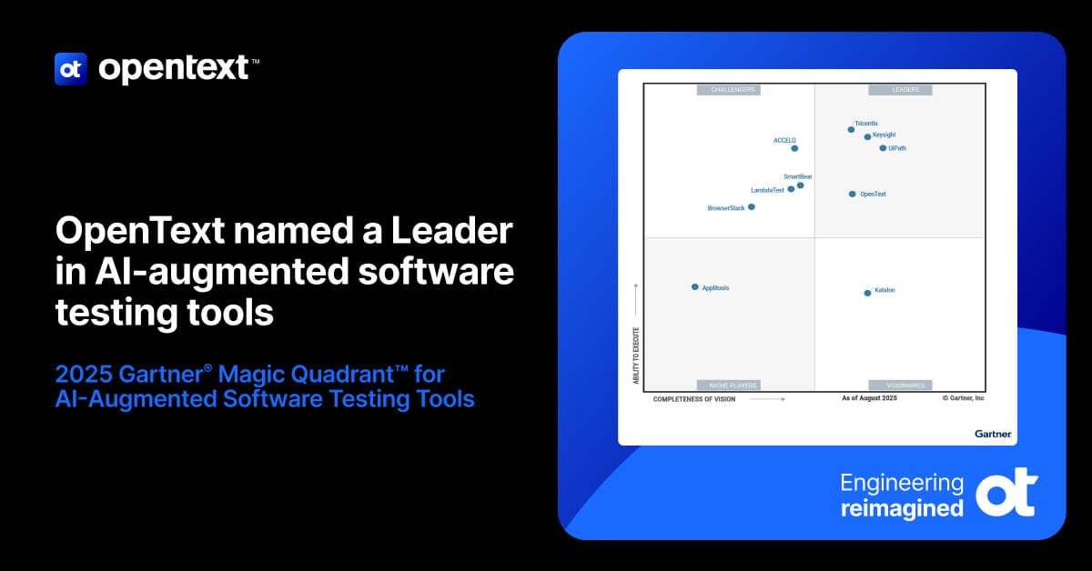 OpenTextDev's tweet image. OpenText has been recognized as a Leader in Gartner® Magic Quadrant™ for AI Augmented Software Testing. 

Learn about the OpenText Core Software Delivery Platform – a solution that provides AI-powered testing across the entire application lifecycle: bit.ly/474jBGR