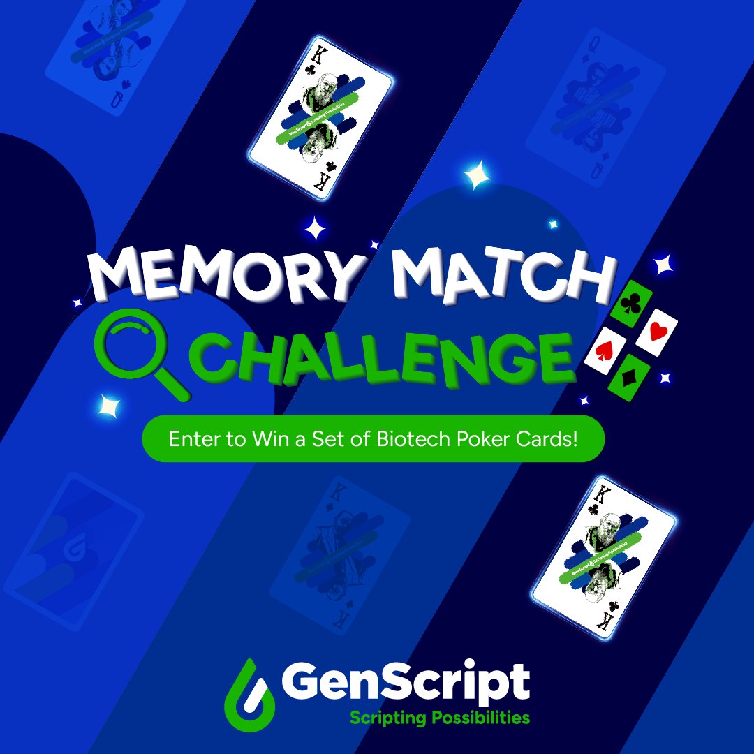 GenScript's tweet image. 🃏 GenScript’s Memory Match Challenge is LIVE! Flip the cards, find the matching pairs, and put your memory to the ultimate test.

Complete the game for a chance to win a custom poker card set!

Play Now: bit.ly/4pFJwMz

#GenScript #MemoryMatch #ScriptingPossibilities