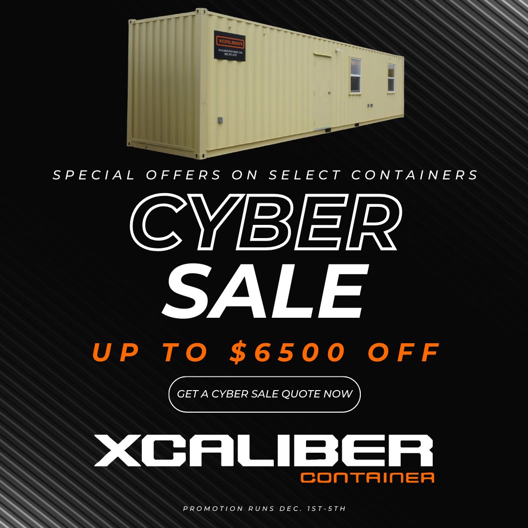 XcaliberSales's tweet photo. 🎉 Cyber Sale Week is here! Save big on Retreat Containers, Standard Products &amp; Custom Builds from Dec 1-5. Ready to chat about your savings? Tap here for your quote! 👉 https://t.co/9a6yNgRmcL #XCaliberContainer #CyberMonday #ContainerDeals #CustomContainers #RetreatContainers https://t.co/iMcmabwm9S