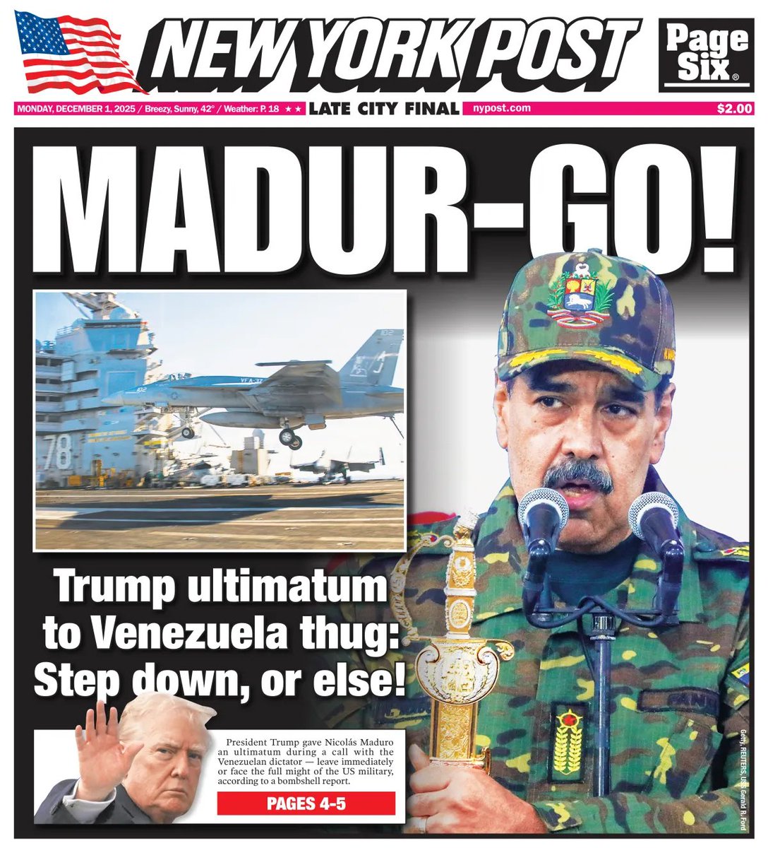 AlertaMundoNews's tweet image. 🇺🇸🇻🇪 | Portada de hoy del New York Post: 

"MADUR-GO!".