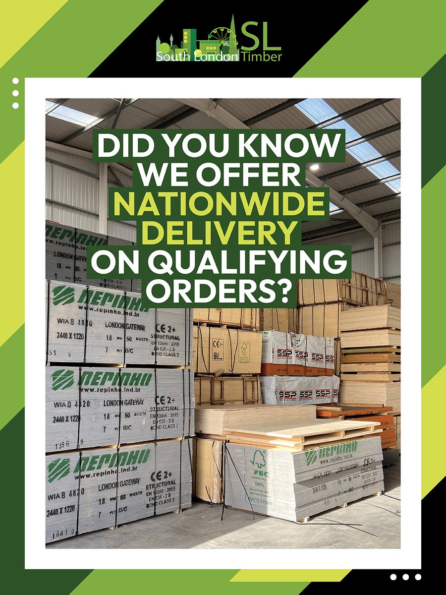 SLTimberCo's tweet image. 🪚 Did you know we deliver nationwide?

Where order volumes and logistics make it viable, our extensive distribution network is trusted on the UK’s biggest construction projects.

👉 Find out more: sltimber.co.uk/news/nationwid…

#SouthLondonTimber #TimberMerchants #TimberSuppliers
