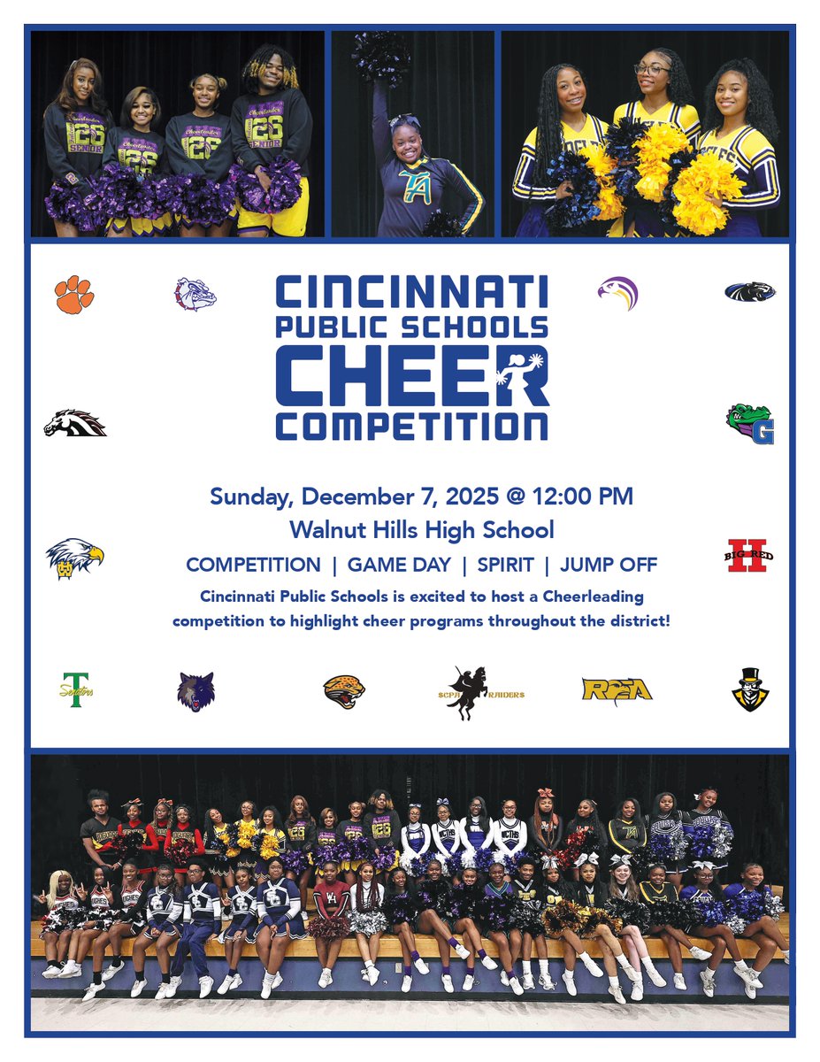 IamCPS's tweet photo. 🎉 We're shouting, clapping and stomping our way into a fun-filled afternoon at the CPS Cheer Showcase! 🏆 Join us on Saturday, December 7th at 12 pm at Walnut Hills High School to see our cheer teams bring their A-game. 📣 🙌💥 #HereForKids 

Tickets: https://t.co/xvulQMxCvT https://t.co/dFnLsebmVX