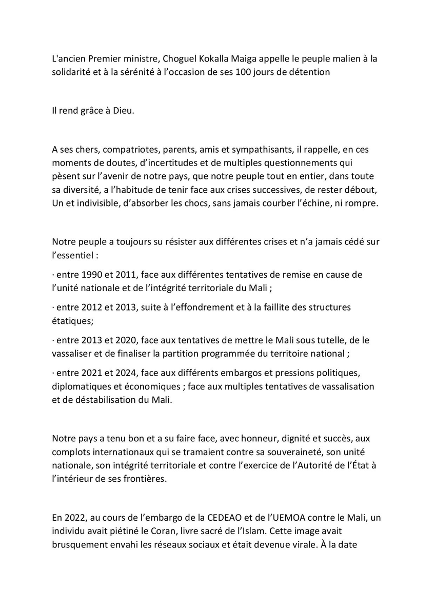 L’ancien Premier ministre, Choguel Kokala Maïga, appelle le peuple malien à faire preuve de solidarité et de calme à l’occasion des 100 jours depuis son arrestation.
#Mali #ChoguelKokalaMaïga #Solidarité #Calme