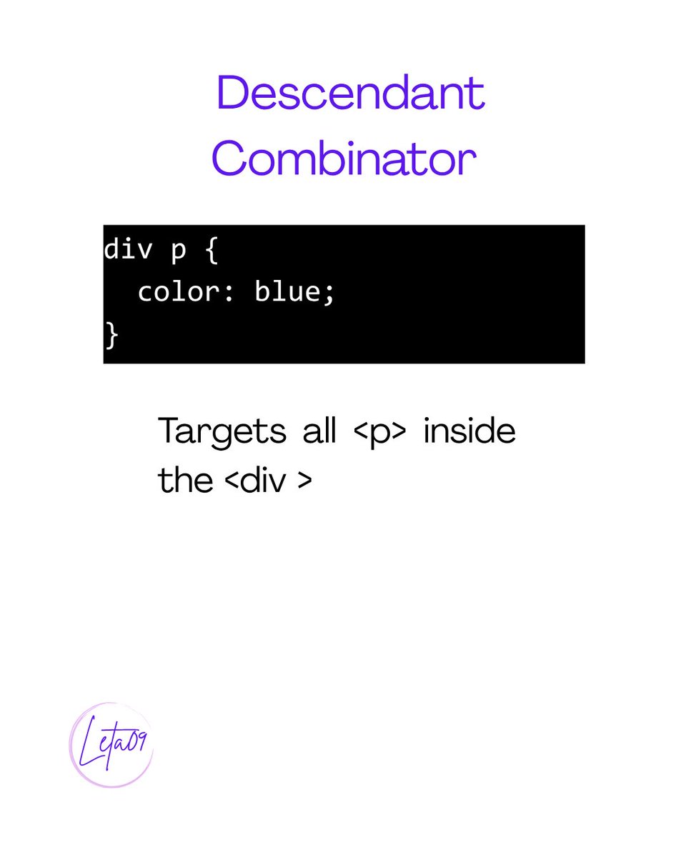 _leta09's tweet image. ✨CSS combinators. 💻 

#HTML #CSS #HTMLCSS #WebDev #FrontEnd #100DaysOfCode #WebDevCommunity #FrontEndDevelopment #FrontEndDeveloper