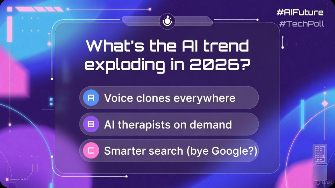 M_NisarAfd1's tweet photo. Fun Poll: "Poll time: What's the AI trend exploding in 2026? A) Voice clones everywhere B) AI therapists on demand C) Smarter search (bye Google?) Vote &amp; reply why!  #AIFuture #TechPoll" https://t.co/idenmBD5MR