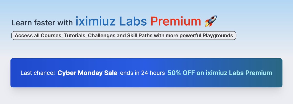 iximiuz's tweet image. One last reminder, and I won&apos;t bring this up for the next 6 months at least 😇

Less than 24 hours left to get iximiuz Labs Premium with 50-75% OFF (depending on the regional PPP rate)

Make yourself a gift if you&apos;re learning Linux, Docker, or Kubernetes labs.iximiuz.com/premium
