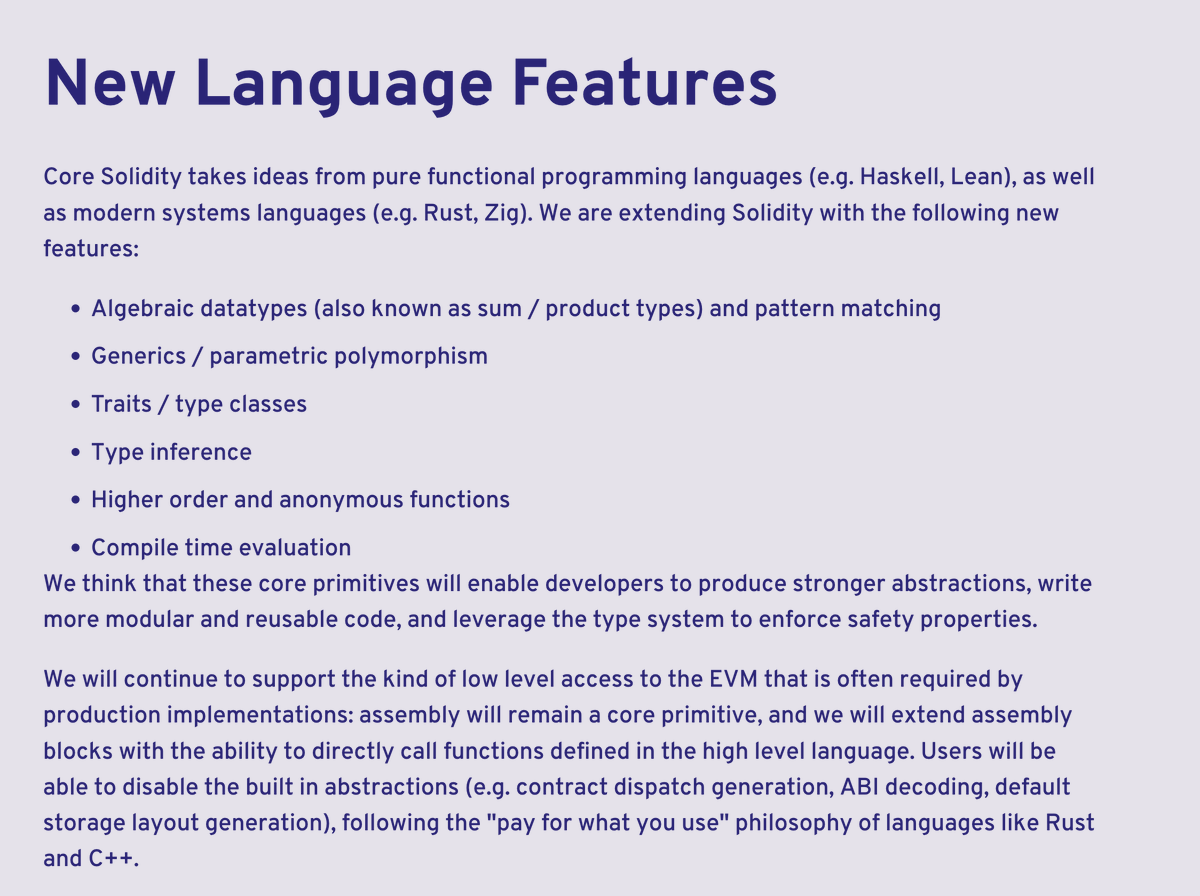 fede_intern's tweet image. Good news in @ethereum land.

Solidity is finally growing up. ADTs, generics, traits, type inference, first-order functions. Inheritance getting phased out. Linear types and even theorem proving on the table.

I’ve been very critical of Solidity because it always felt like a…