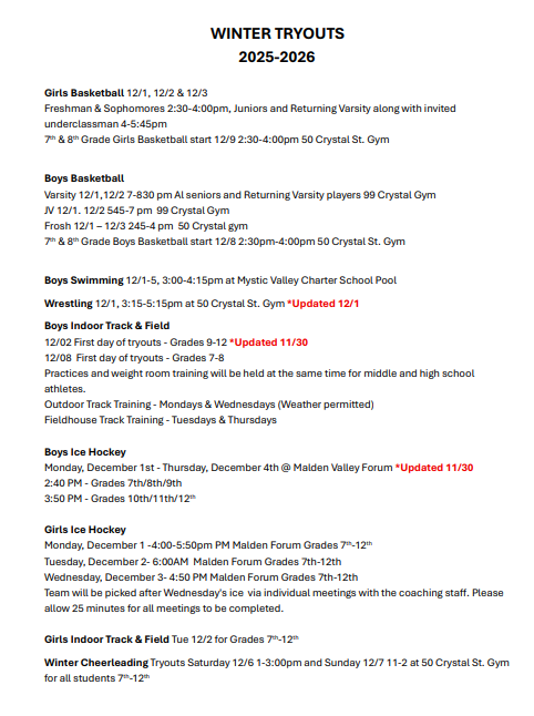 Winter Tryout Updates!