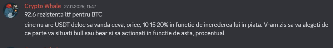CryptoWhale_88's tweet photo. Nu mi se pare o surpriză acest dump, poate doar faptul că nu mă așteptam să scadă chiar atât — mă așteptam doar în zona de 87–88k.

Însă faptul că BTC era în rezistență la 92.6k era evident, și tot evident era și faptul că urma o corecție.

Nu trebuie să fii nici bearish, nici bullish. Trebuie doar să analizezi și să încerci să iei cele mai bune decizii.

Vineri, când BTC era sub 90k, am spus că 92.6k este rezistență, iar acolo cei care nu au USDT ar trebui să iasă din piață cu 10–15–20%, în funcție de încrederea lor în piață.

Astăzi, la doar 3 zile distanță, BTC este 85k, iar acum poți să cumperi alts cu 15–20–25% mai jos.