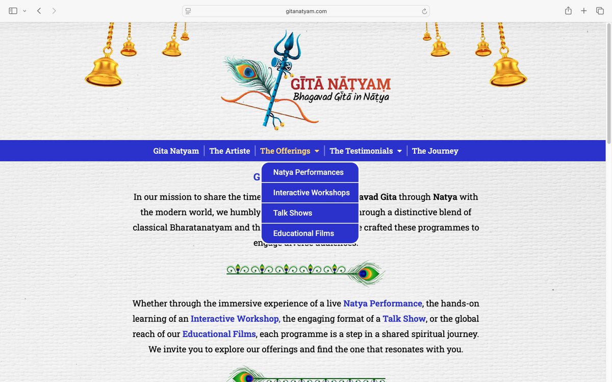 beingpavithraS's tweet image. On the auspicious day of #GitaJayanti2025, presenting my website gitanatyam.com that features the Yatra of Gita Natyam till present. 

The site is styled thus:- 
1. Vision 🪷
2.The Artiste🌿
3.Offerings🪷
4.Testimonials 🌿
5. Journey🪷

🙏Do visit with your good wishes!
