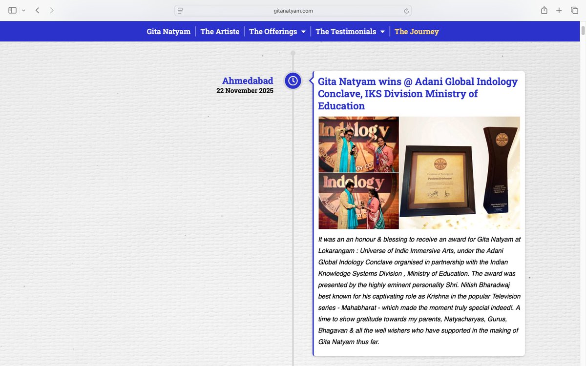 beingpavithraS's tweet image. On the auspicious day of #GitaJayanti2025, presenting my website gitanatyam.com that features the Yatra of Gita Natyam till present. 

The site is styled thus:- 
1. Vision 🪷
2.The Artiste🌿
3.Offerings🪷
4.Testimonials 🌿
5. Journey🪷

🙏Do visit with your good wishes!