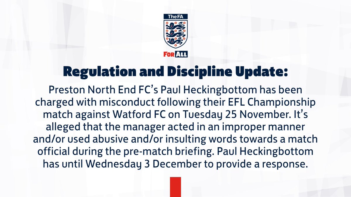 BBCLancsSport's tweet photo. The Football Association have charged Preston North End head coach Paul Heckingbottom with misconduct.
It's alleged that he acted in an improper manner and/or used abusive and/or insulting words towards a match official during the pre-match briefing at Watford last week.

#pnefc I #bbcfootball