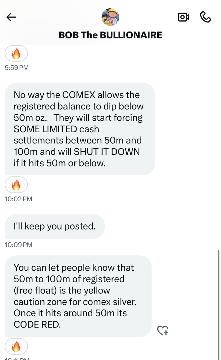 KingKong9888's tweet image. Thanks @BullionaireBob 

“No way the COMEX allows the registered balance to dip below 50m oz. They will start forcing SOME LIMITED cash settlements between 50m and 100m and will SHUT IT DOWN if it hits 50m or below.

You can let people know that 50m to 100m of registered (free…
